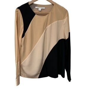 Diane Von Furstenberg SERAPHINA Colorblock Silk Top 8 BLK WHT TAN Quiet Luxury